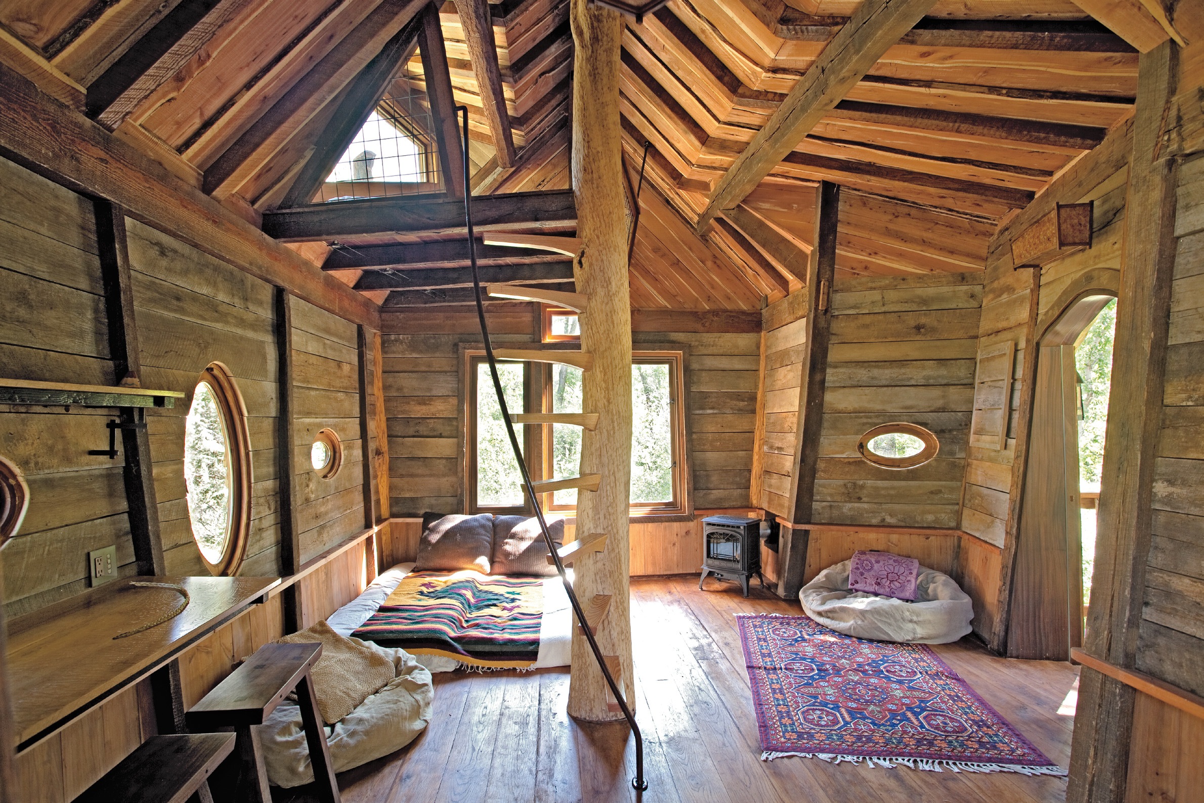 Interior of a treehouse built in Carbondale, CO by architect Stephen A 