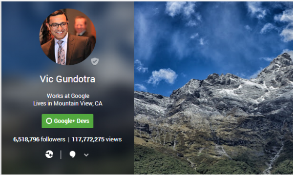 The Google+ profile of Vic Gundotra, who is head of the Google+ division at Google. 