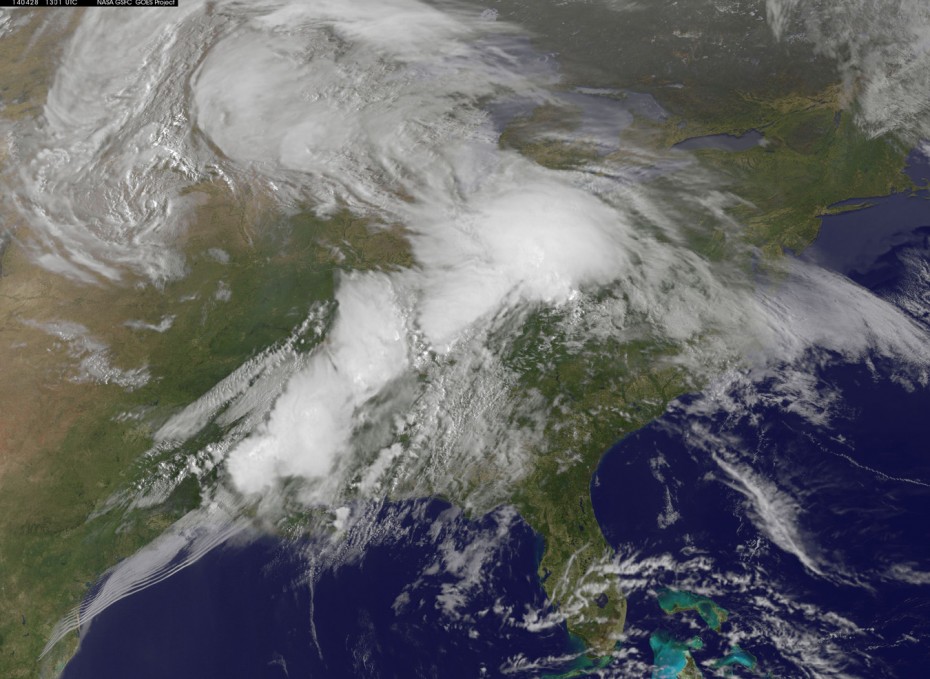 This NOAA GOES-East satellite image from Monday, April 28, 2014 at 13:01 UTC/9:01 a.m. EDT shows the same storm system that generated the severe weather outbreak yesterday, has moved to the east.