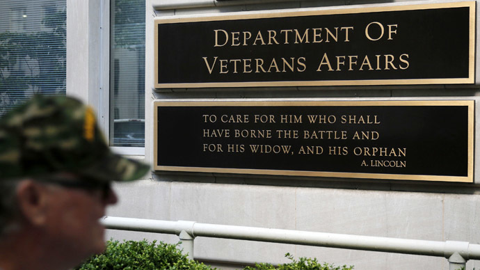 The sign in the front of the headquarters building at the Department of Veteran Affairs is seen as a man walks past in Washington. (Reuters/Larry Downing)