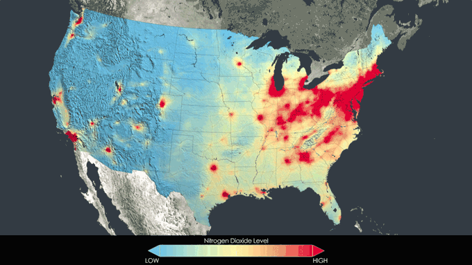 Nitrogen dioxide pollution, averaged yearly from 2005-2011, has decreased across the United States. Image: NASA Goddard's Scientific Visualization Studio/T. Schindler