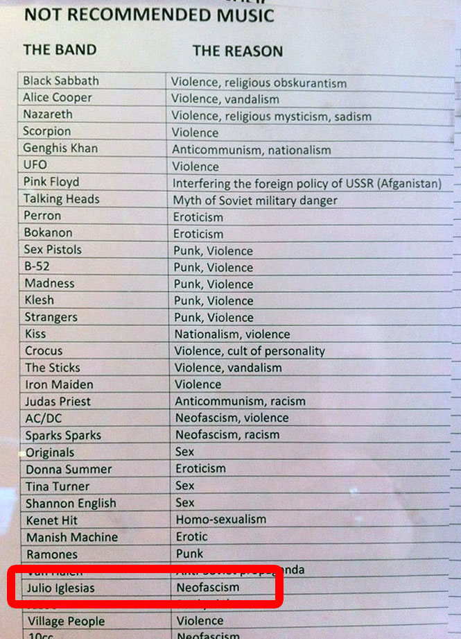 List of bands banned on Soviet radio, and why. Agreed on Julio Iglesias