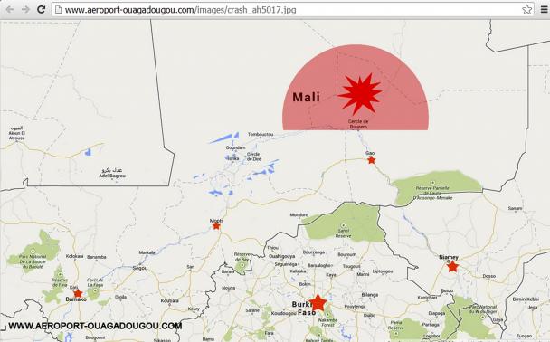 A screengrab of the homepage of the Ouagadougou airport's Internet site (http://www.aeroport-ouagadougou.com) shows a map displaying AH5017's last contact zone, July 24, 2014. 