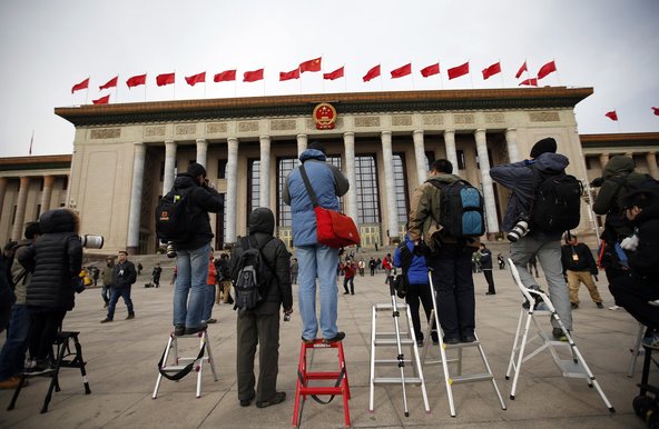 Journalists waiting outside the Great Hall of the People during the Chinese People's Political Consultative Conference in Beijing in March. Kim Kyung-Hoon/Reuters