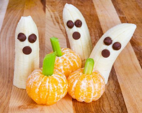 banana-ghosts-orange-pumpkins