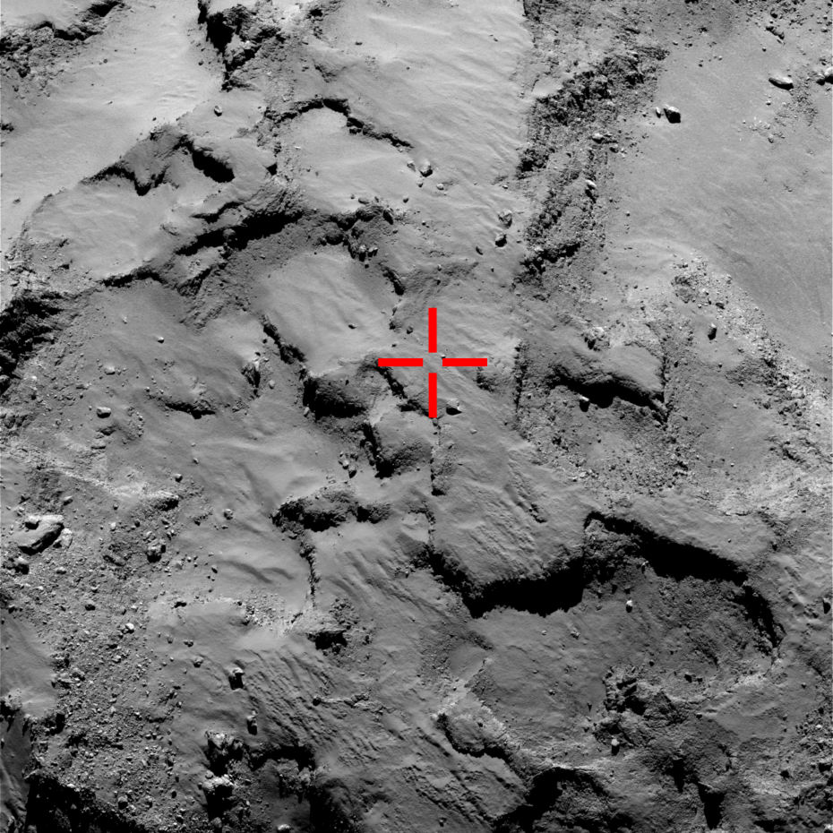 This image from Rosetta’s camera, taken in September, shows the place Philae first landed before bouncing twice and finally coming to rest about a kilometer away. Credit: ESA/Rosetta/MPS for OSIRIS Team MPS/UPD/LAM/IAA/SSO/INTA/UPM/DASP/IDA.
