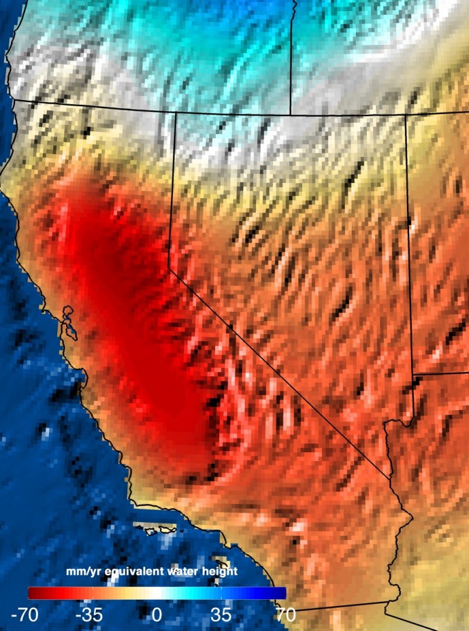 NASA GRACE satellite data reveal the severity of California’s drought on water resources across the state. This map shows the trend in water storage between September 2011 and September 2014. Image: NASA JPL