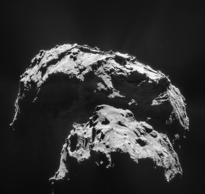 Comet 67P/Churyumov-Gerasimenko is seen here in an image captured by the Rosetta spacecraft. The mission's Philae lander hit the surface with a big bounce, demonstrating the comet's surface is hard. Image ESA/Rosetta/NAVCAM