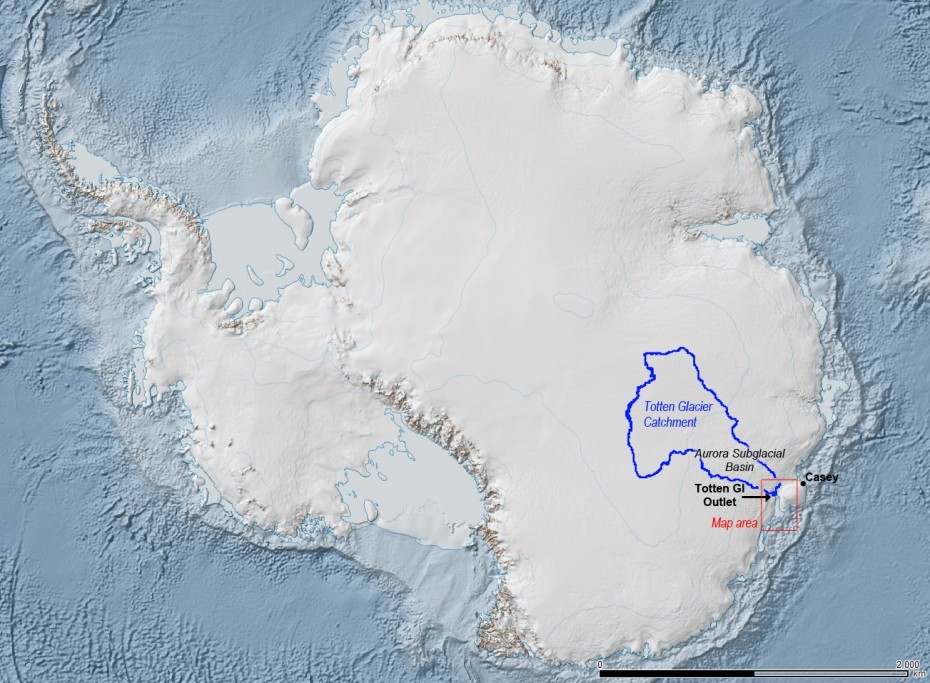 The Totten Glacier catchment (outlined in blue) is a collection basin for ice and snow that flows through the glacier. It’s estimated to contain enough material to raise sea levels by at least 11 feet. Image: Australian Antarctic Division. 