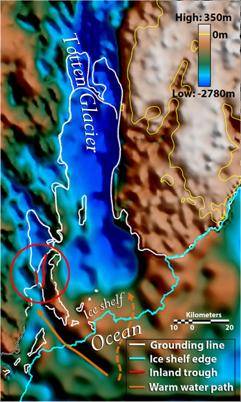 A map showing the previously-hidden landscape beneath Totten Glacier. Orange arrows indicate seafloor valleys deep enough to allow warm water to enter beneath the floating ice. The solid orange arrow leads to the deeper of the two gateways, a three-mile-wide seafloor valley. Image: Jamin Greenbaum, U. Texas