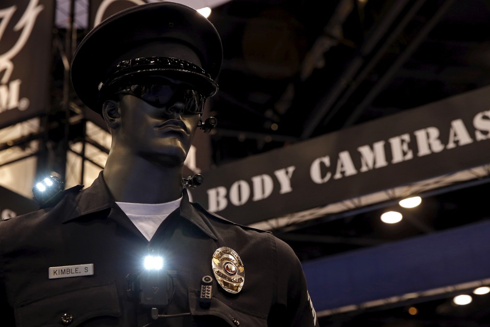 Police body cameras are seen on a mannequin at an exhibit booth by manufacturer Wolfcom at the International Association of Chiefs of Police conference in Chicago