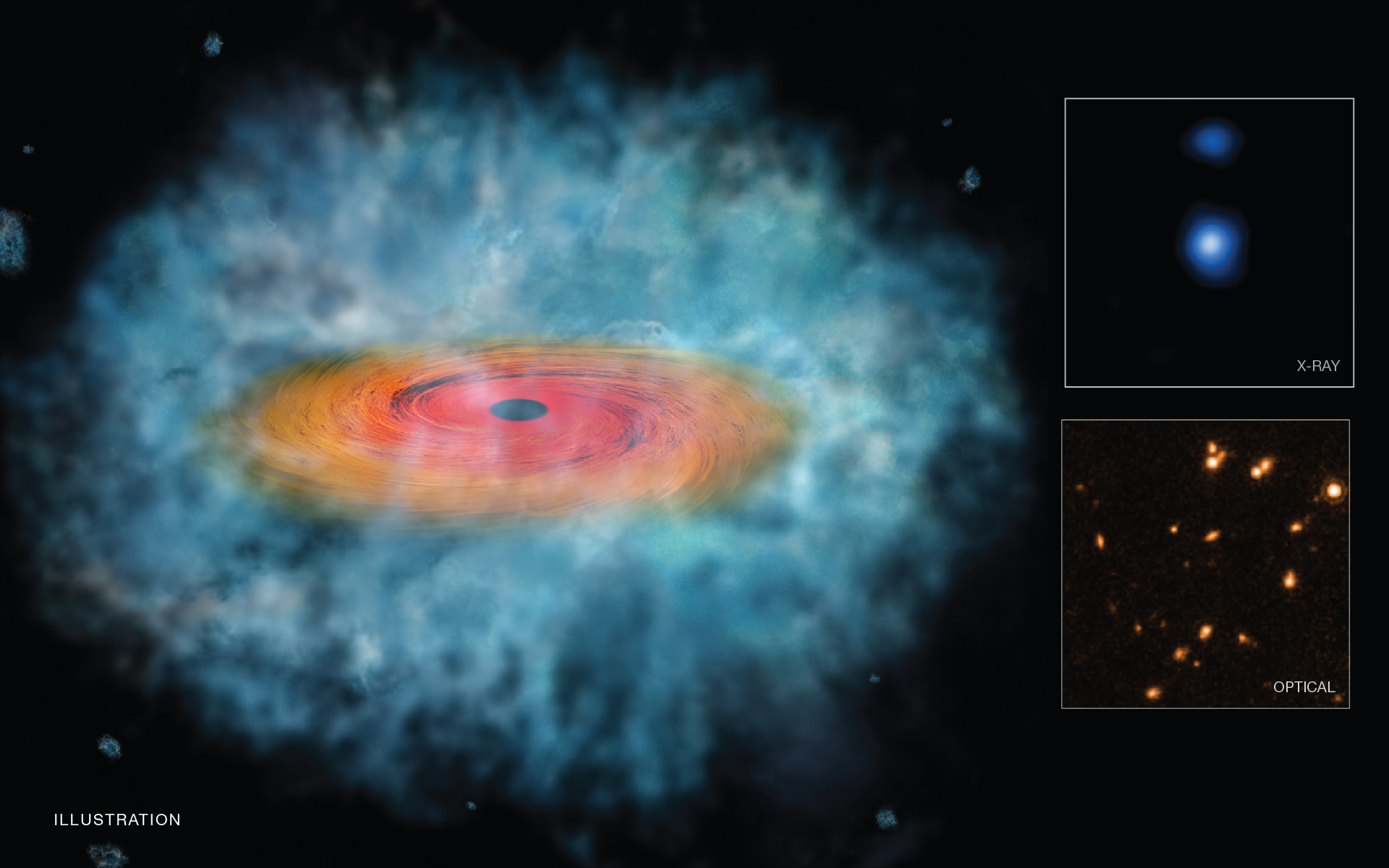 NASA Illustration of evidence that the direct collapse of a gas cloud produced supermassive black holes in the early Universe.
