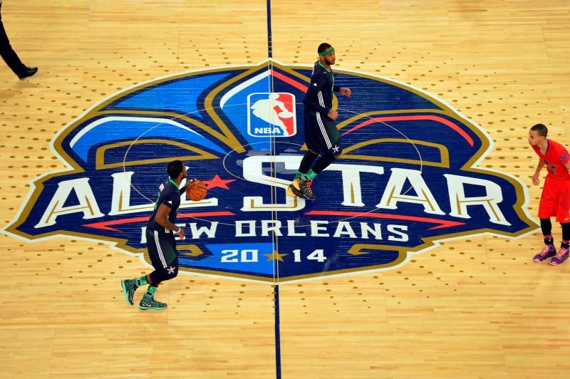 Eastern Conference guard Kyrie Irving (2) of the Cleveland Cavaliers brings the ball up court during the 2014 NBA All-Star Game in New Orleans, Louisiana, February 16, 2014.  REUTERS