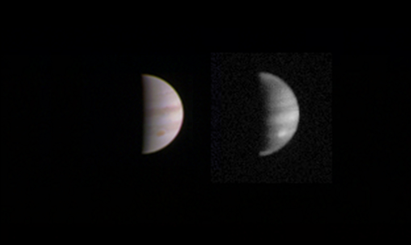 This dual view of Jupiter was taken on August 23, when NASA's Juno spacecraft was 2.8 million miles (4.4 million kilometers) from the gas giant planet on the inbound leg of its initial 53.5-day capture orbit. Image: NASA/JPL-Caltech/SwRI/MSSS