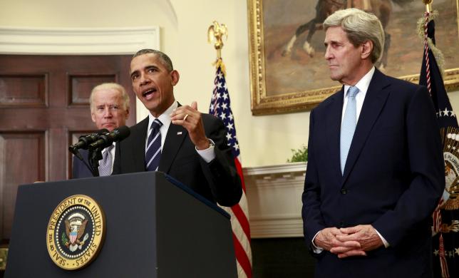 Obama, Biden, and Kerry, speaking about the Keystone XL oil pipeline November 6, 2015.  REUTERS