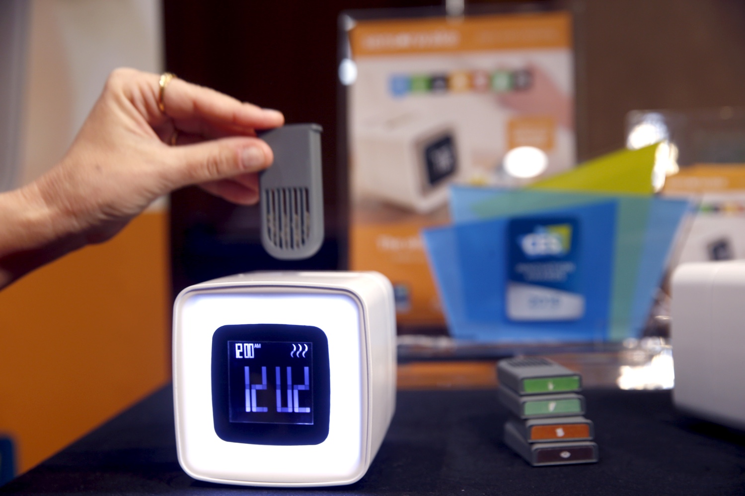 An aroma module is inserted into a Sensorwake alarm clock. The $109 olfactory alarm clock releases the scents at the programmed time but will also sound an auditory alarm if you don't wake up after three minutes. REUTERS