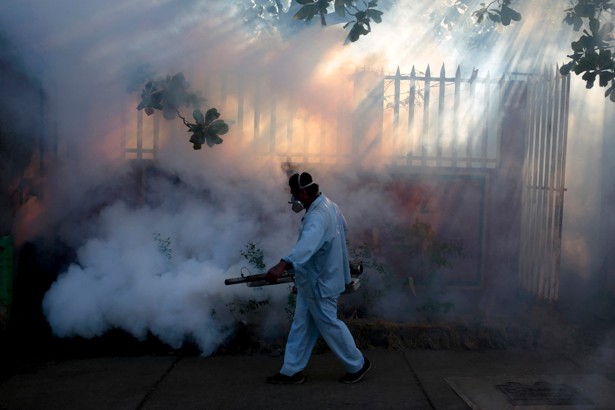 A health ministry worker fumigates a house to kill mosquitoes to prevent the entry of Zika virus in Managua, Nicaragua Jan. 26, 2016. REUTERS