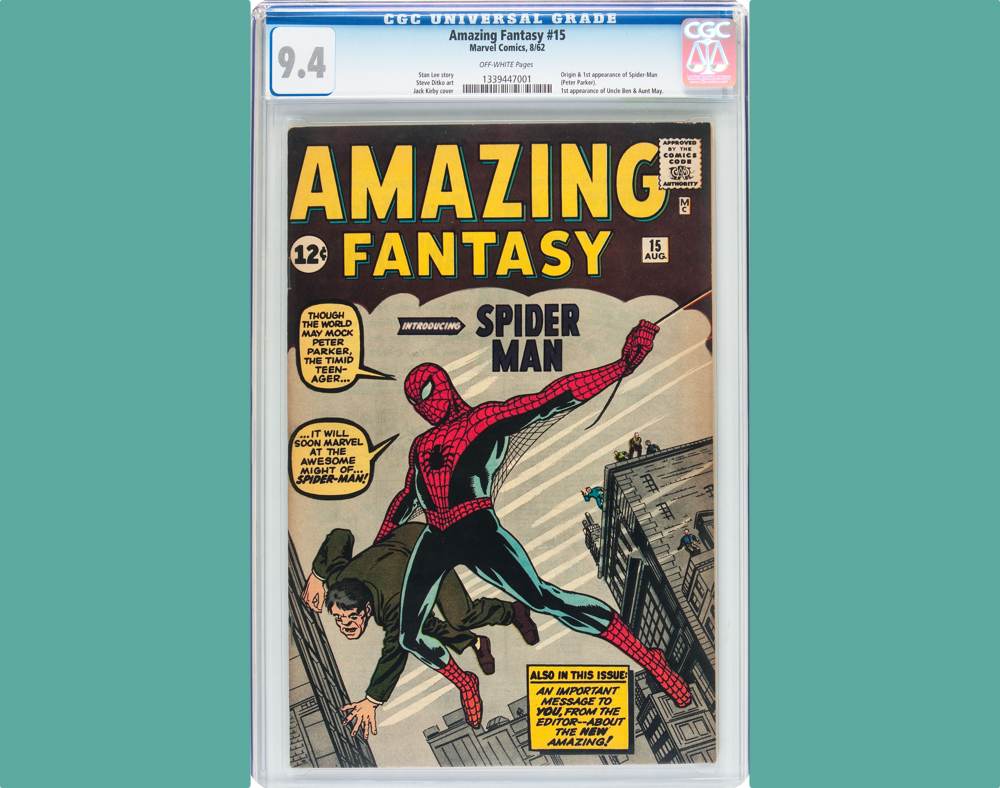 Near-Mint CGC 9.4 copy of Spider-Mans first appearance, purchased for $1,200 then kept in a safe deposit box for 35 years, sets $454,100 all-time auction record price, Feb. 18 in Dallas