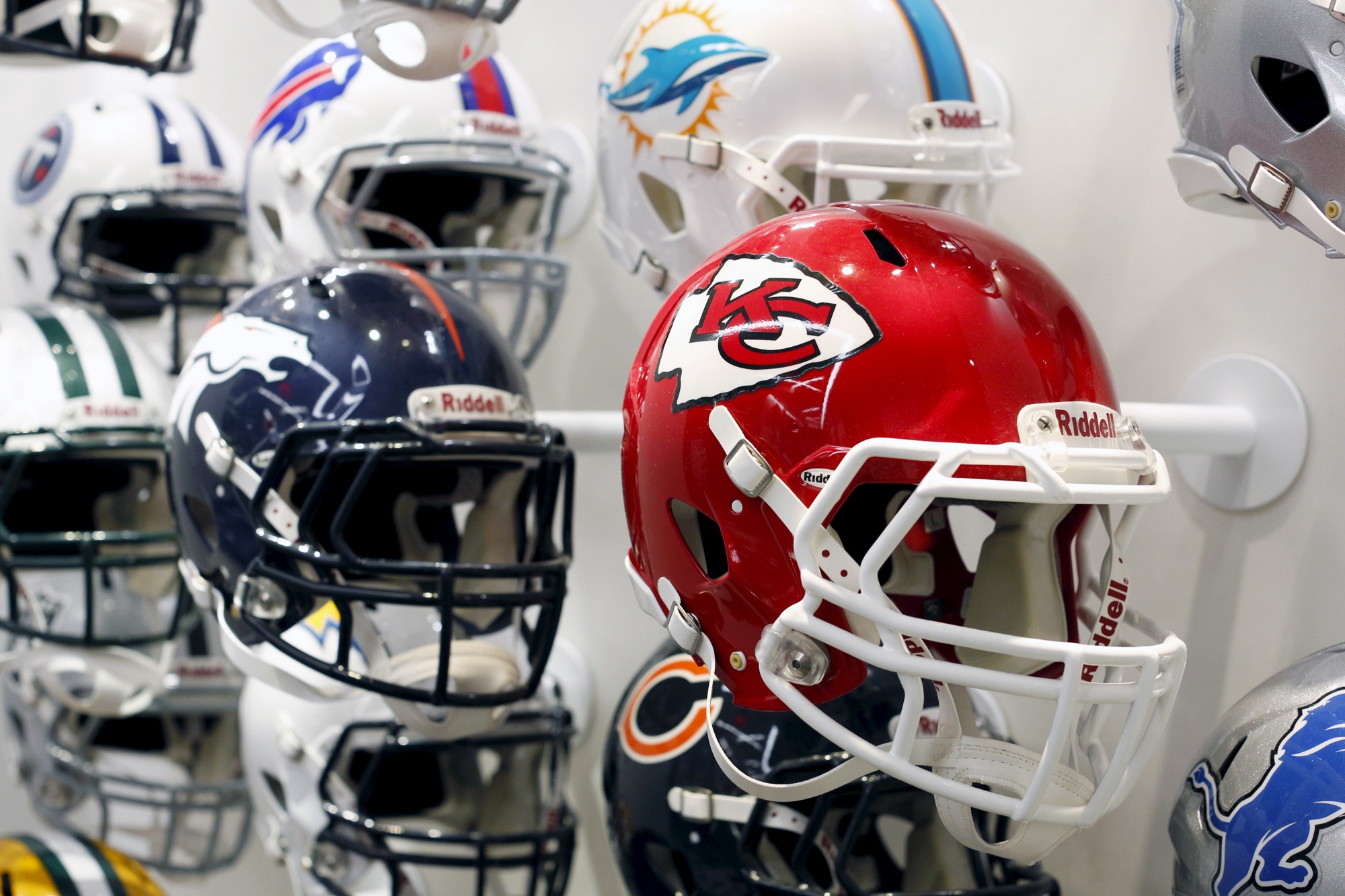 Team helmets at NFL HQ in NYC Dec. 3, 2015. REUTERS/Brendan McDermid