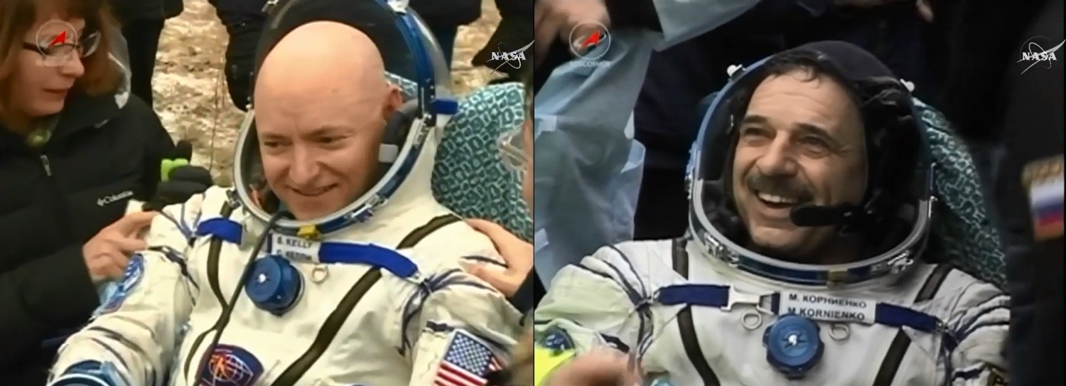 NASA astronaut and Expedition 46 Commander Scott Kelly and his Russian counterpart Mikhail Kornienko enjoy the cold fresh air back on Earth after their historic 340-day mission aboard the International Space Station.Image: NASA TV