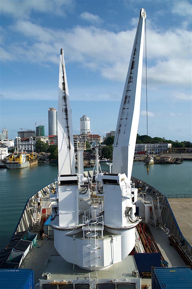 Cranes on the bow of the R/V Marion Dufresne, in Colombo harbor