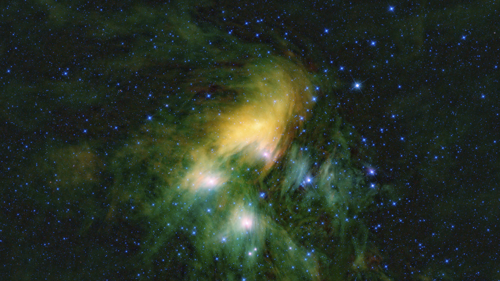 This image shows the famous Pleiades cluster of stars as seen through the eyes of WISE, or NASA's Wide-field Infrared Survey Explorer.Image credit: NASA/JPL-Caltech/UCLA