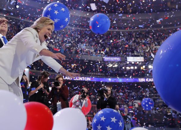 Democratic presidential nominee Hillary Clinton celebrates among balloons after she accepted the nomination on the fourth and final night at the Democratic National Convention in Philadelphia