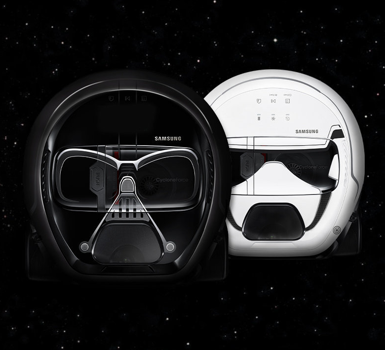 The heads of Darth Vader and a stormtrooper as robotic vacuums