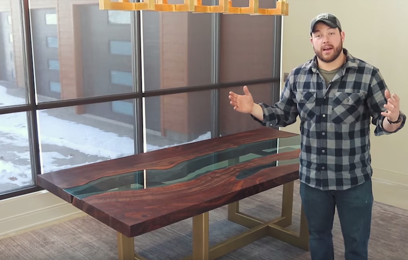 Watch how to make a wood table with a "river" of glass flowing through