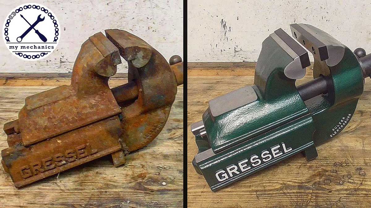 Man restores rusted cast-iron vise to pristine condition 