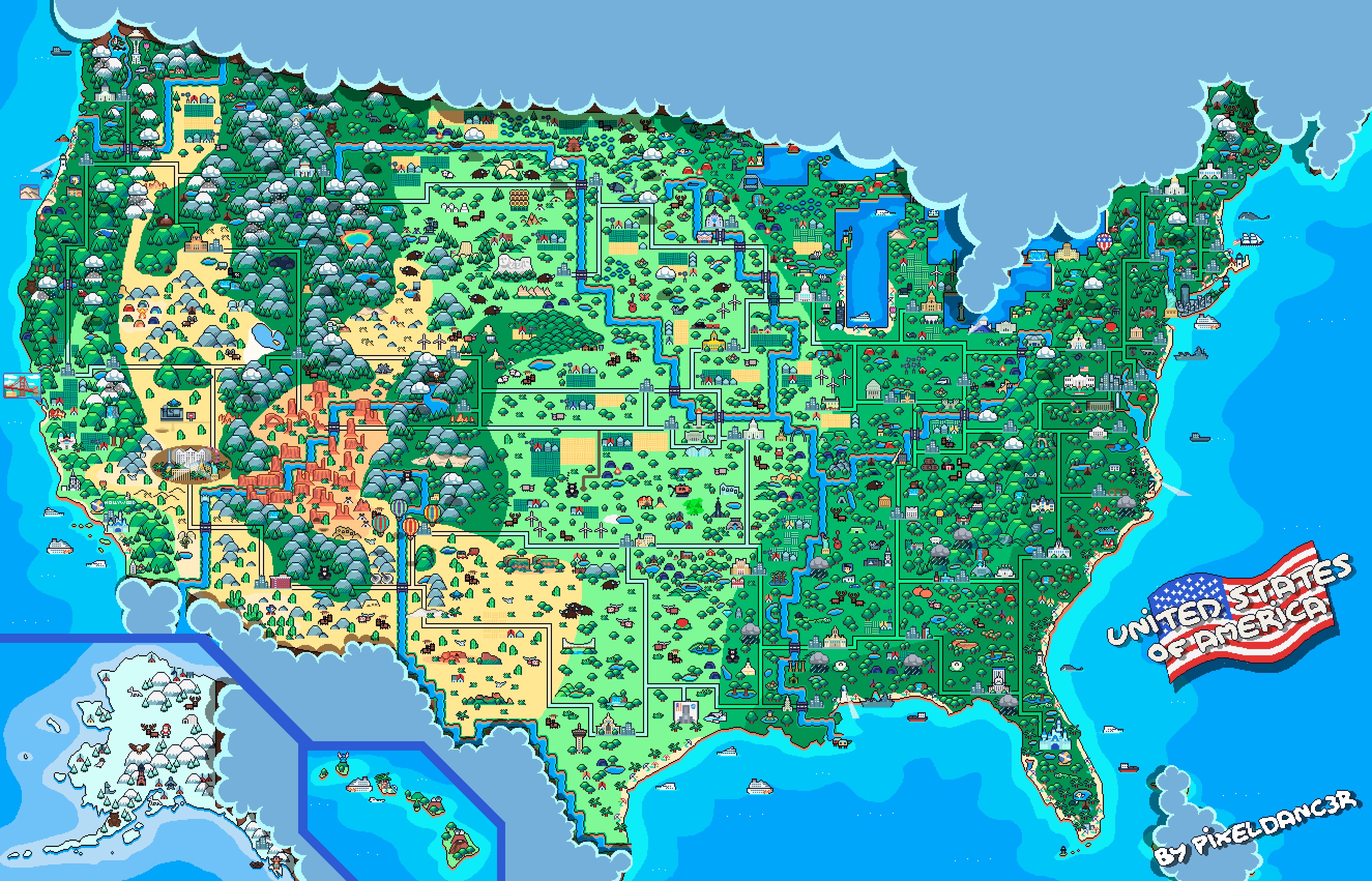 Pixel art map of the USA / Boing Boing